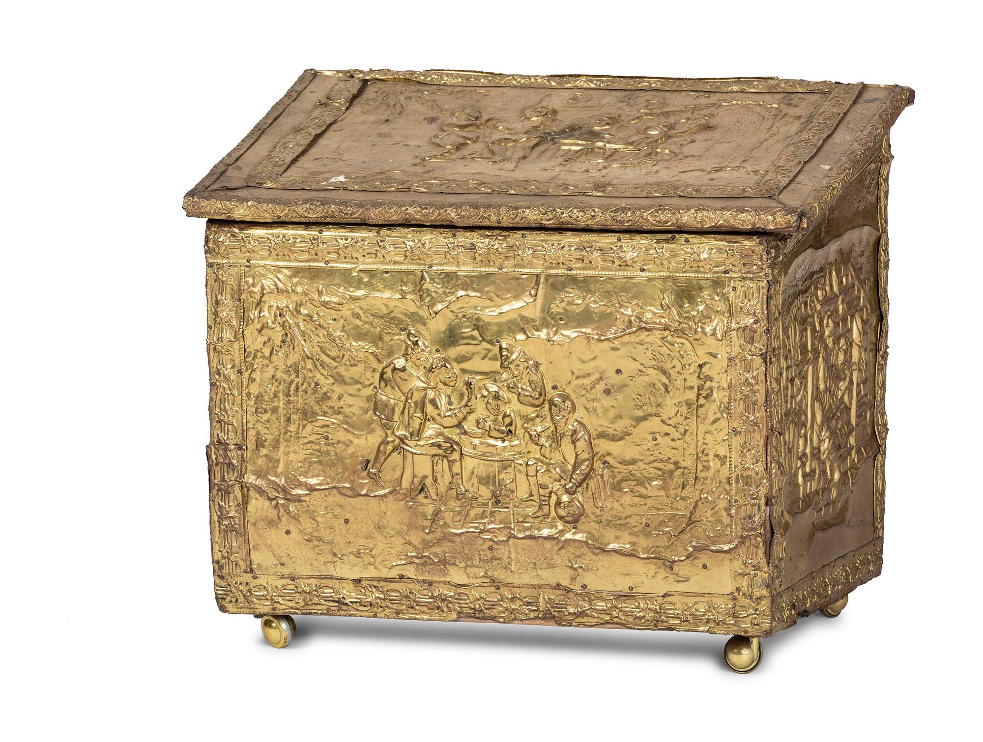 A Neoclassical Hammered Brass Mounted Pine Chest