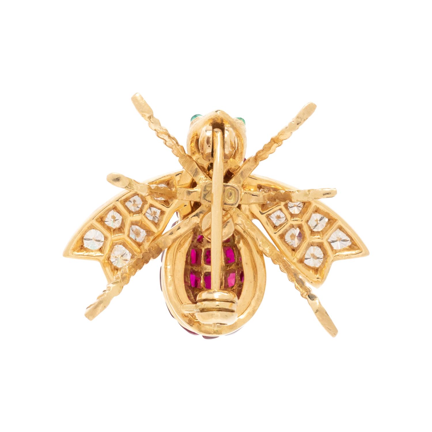 SYNTHETIC RUBY, DIAMOND AND EMERALD BEE BROOCH