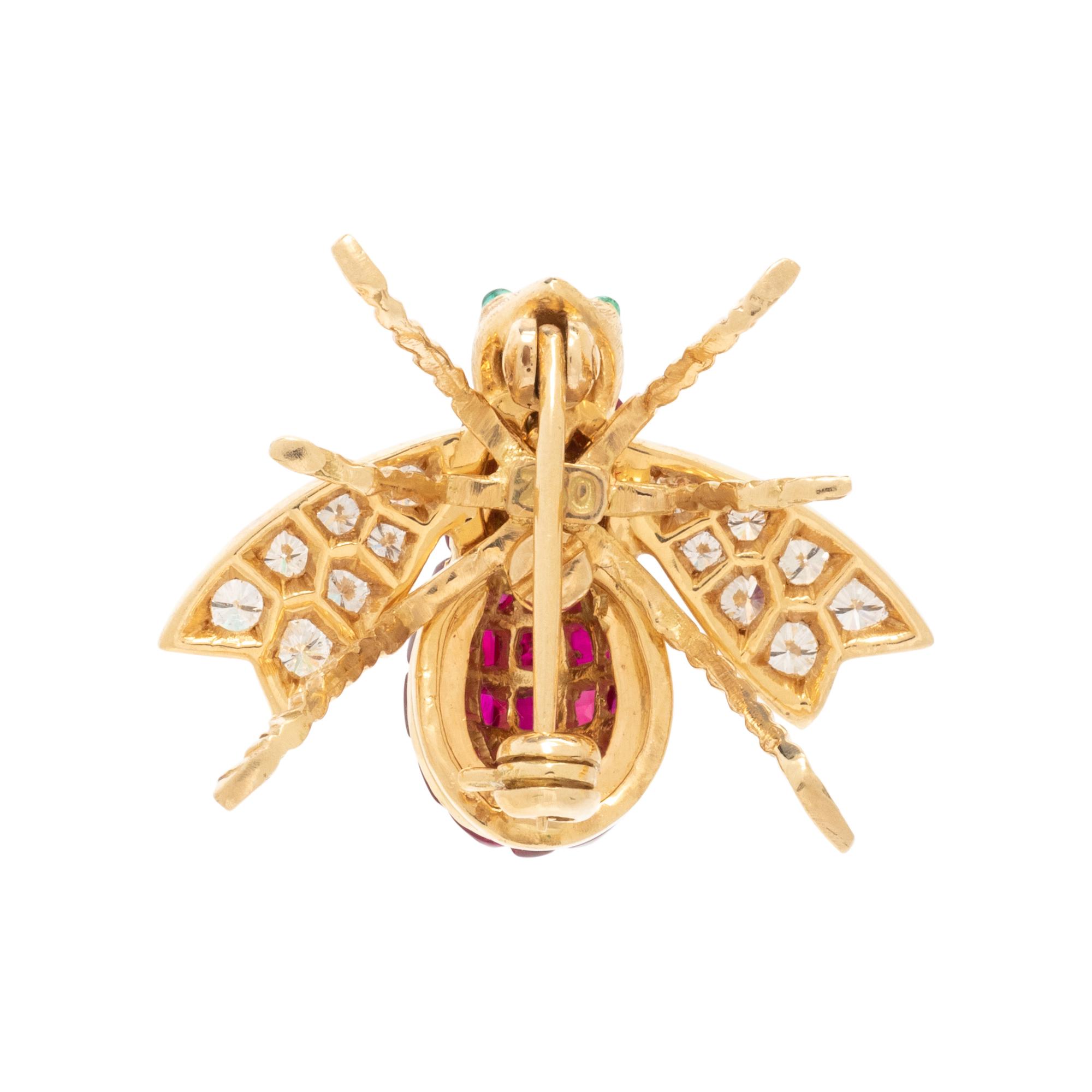 SYNTHETIC RUBY, DIAMOND AND EMERALD BEE BROOCH