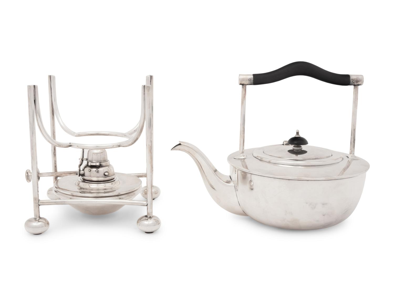An English Arts & Crafts Silver-Plate Teapot and Stand with an Associated Serving Tray