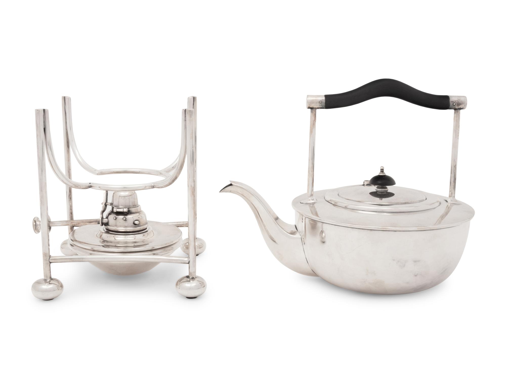 An English Arts & Crafts Silver-Plate Teapot and Stand with an Associated Serving Tray