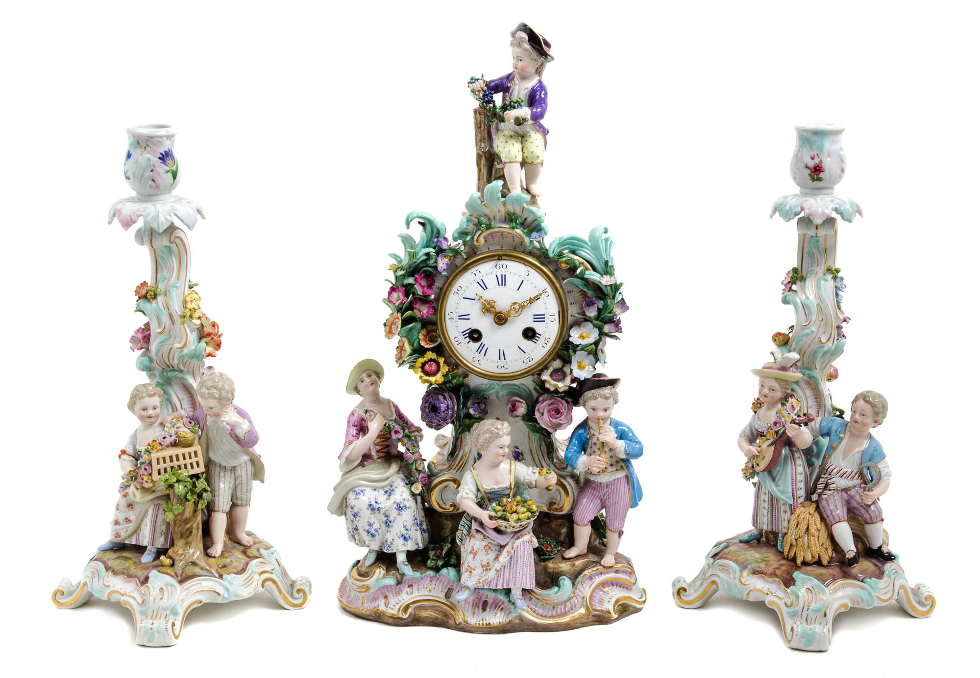 An Assembled Meissen Porcelain Clock Garniture Height of clock 15 1/4 inches. — 19TH CENTURY