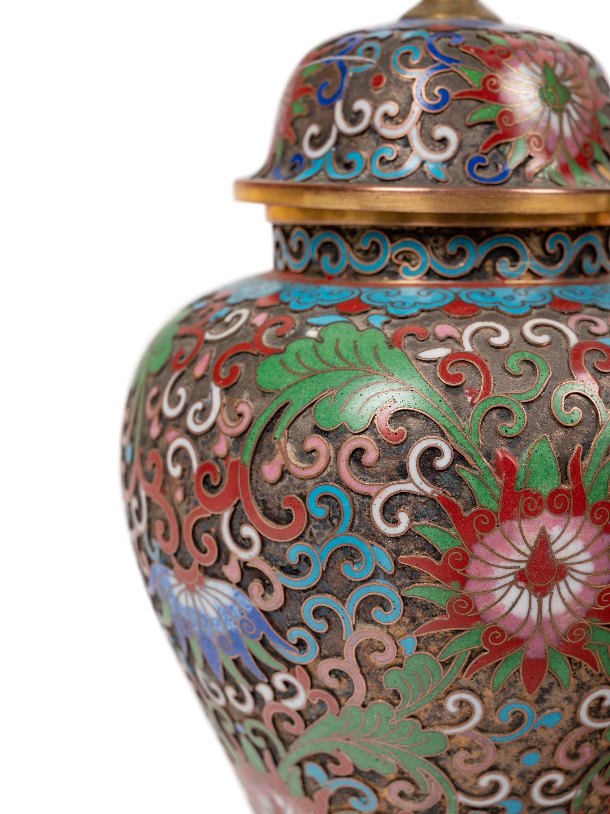 Six Chinese Green Ground Cloisonné Enameled Vessels