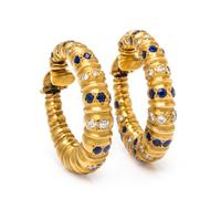 A Pair of 18 Karat Yellow Gold, Sapphire and Diamond Hoop Earclips, 26.10 dwts.