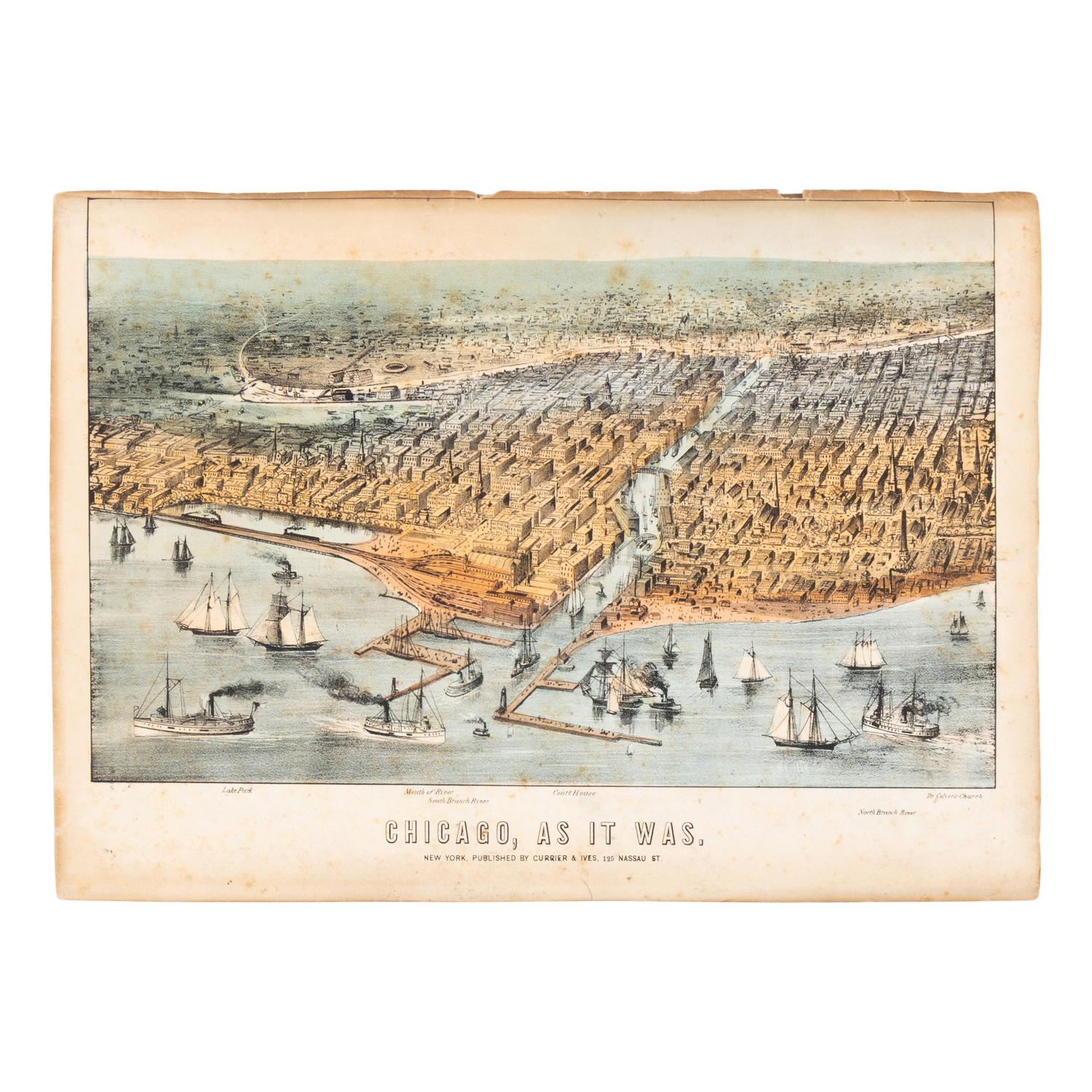 [Chicago Fire]. A group of 10 prints and 2 paintings, showing views of Chicago before and after the Great Fire, including: