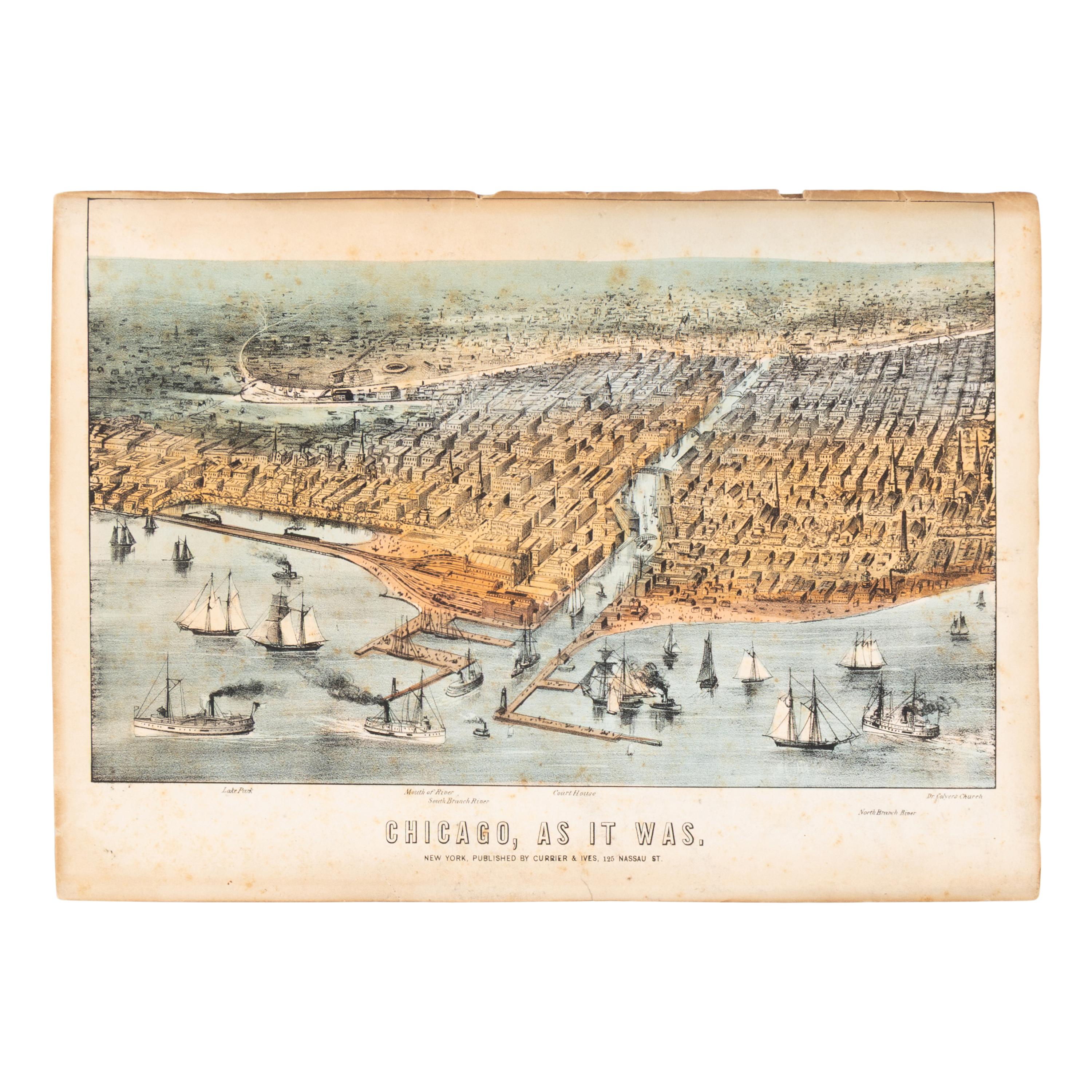 [Chicago Fire]. A group of 10 prints and 2 paintings, showing views of Chicago before and after the Great Fire, including: