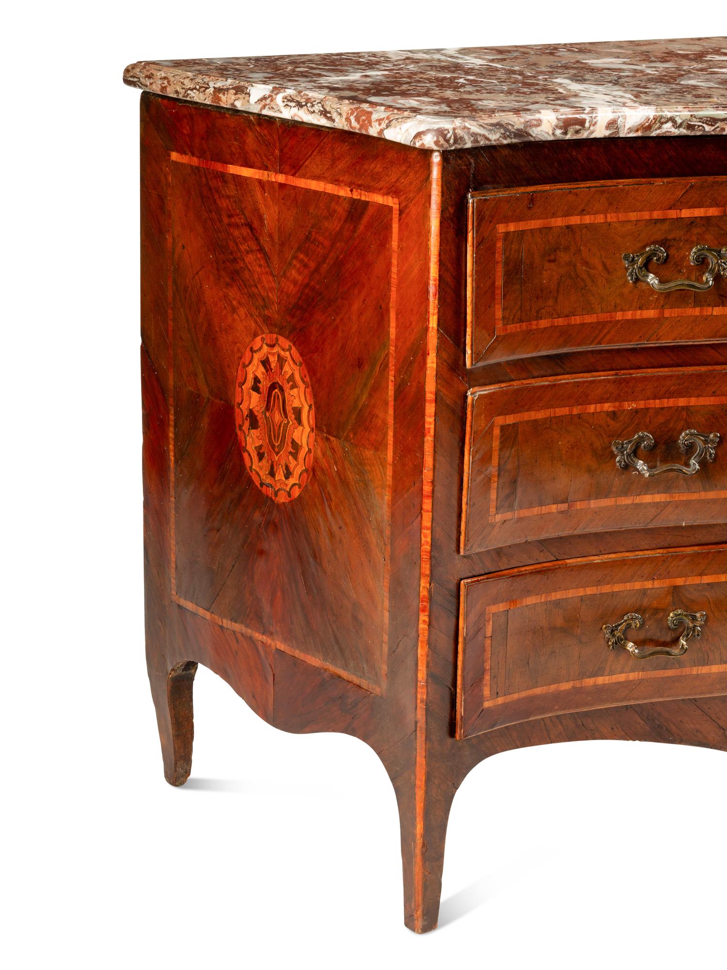 An Italian Walnut and Marquetry Marble-Top Commode