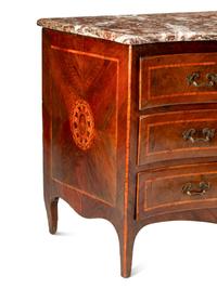 An Italian Walnut and Marquetry Marble-Top Commode
