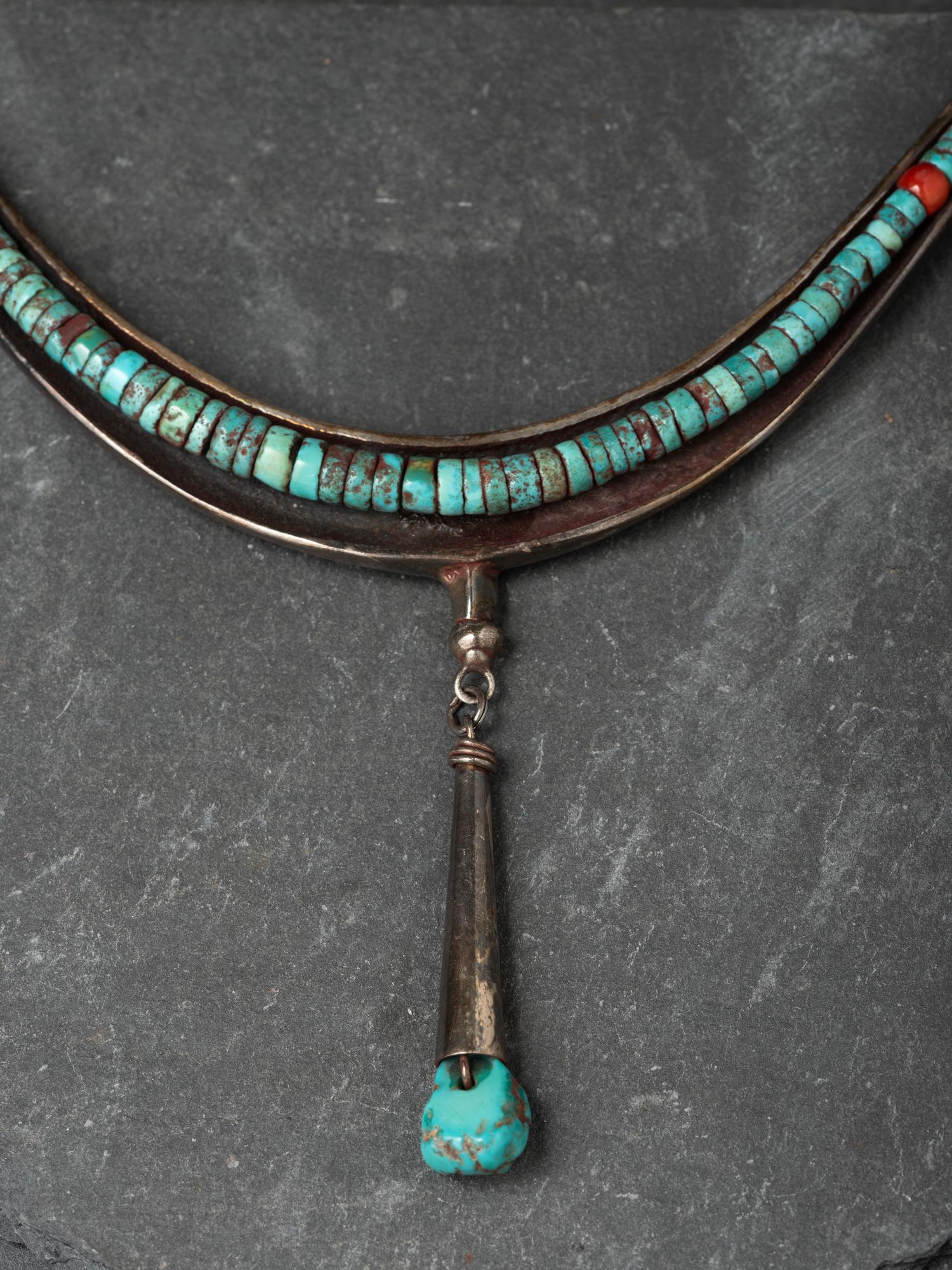 Tufa Cast Silver Choker, with Rolled Turquoise and Coral