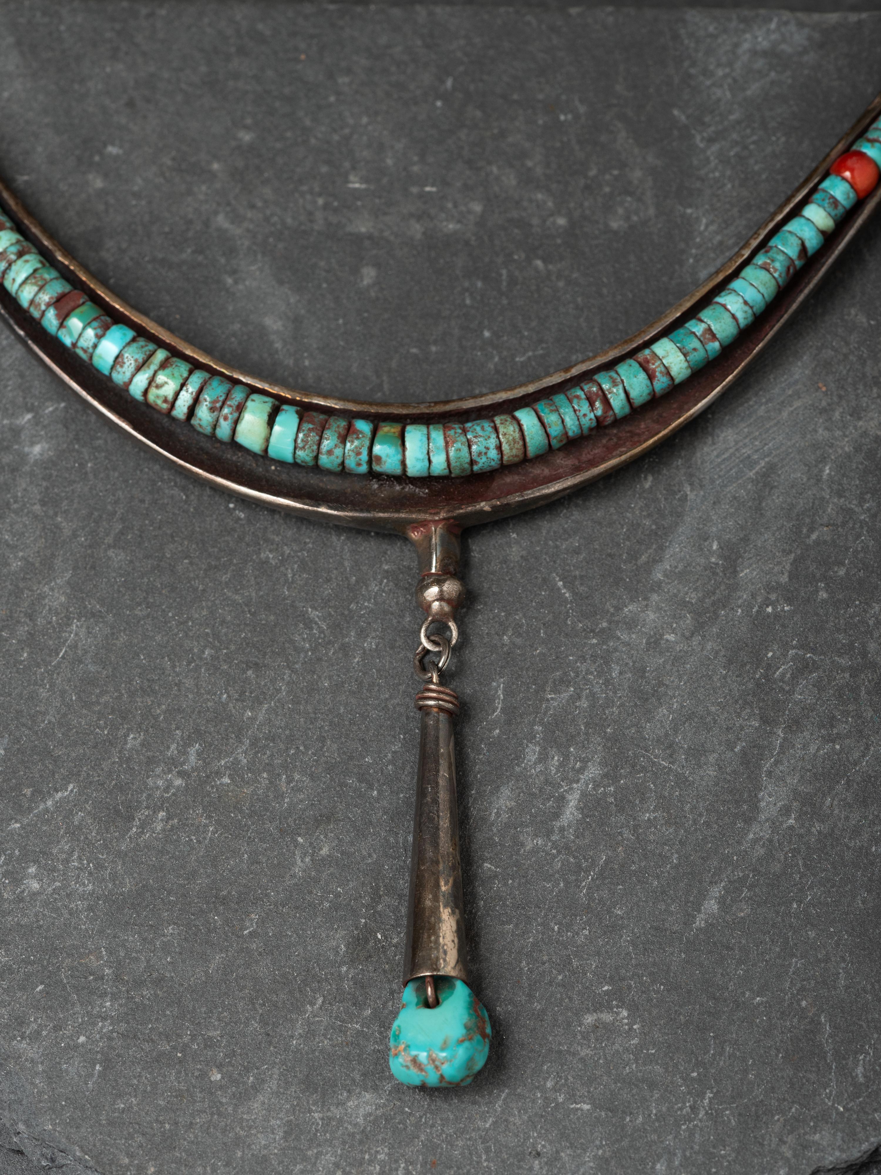 Tufa Cast Silver Choker, with Rolled Turquoise and Coral