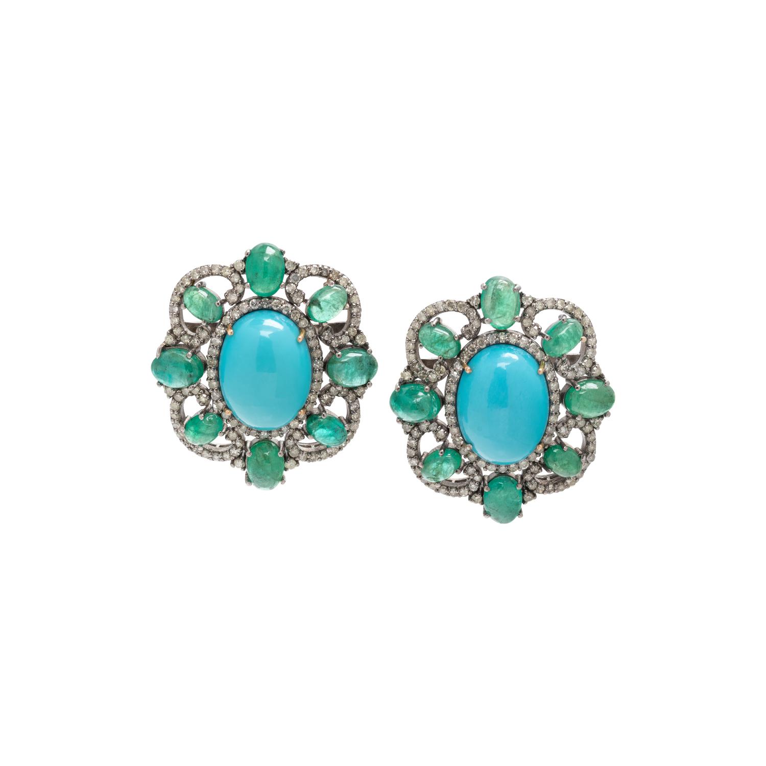 SYNTHETIC TURQUOISE, EMERALD AND DIAMOND EARRINGS