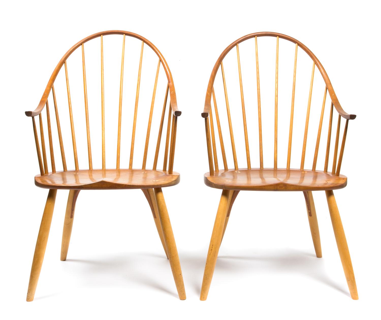 A Pair of Cherry and Ash Continuous Arm Chairs Height 41 x width 22 1/2 x depth 16 1/2 inches. — STYLE OF THOMAS MOSER b. 1935