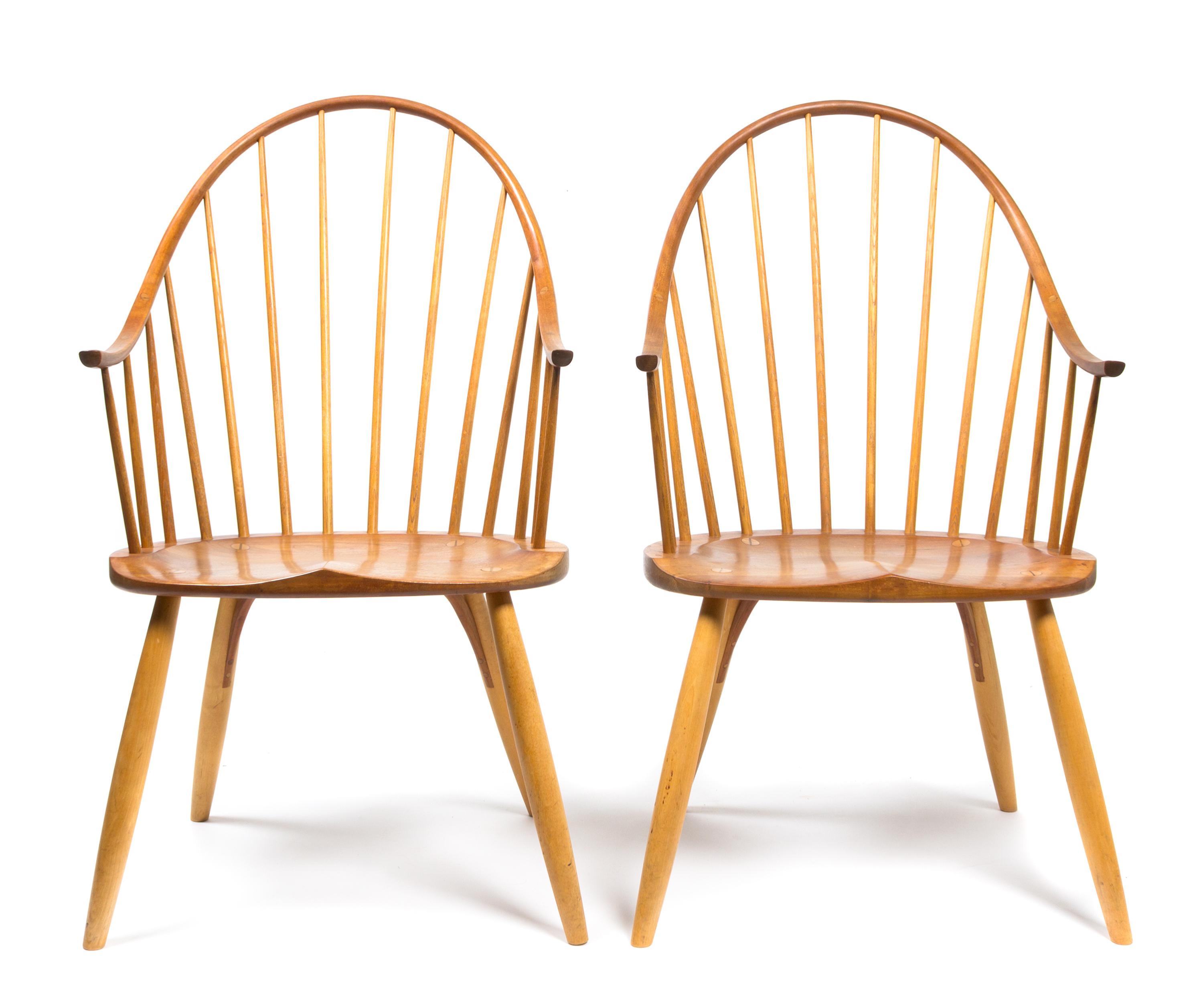 A Pair of Cherry and Ash Continuous Arm Chairs Height 41 x width 22 1/2 x depth 16 1/2 inches. — STYLE OF THOMAS MOSER b. 1935