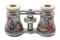 A Pair of French Enameled and Mother-of-Pearl Inset Opera Glasses, Width 3 7/8 inches.
