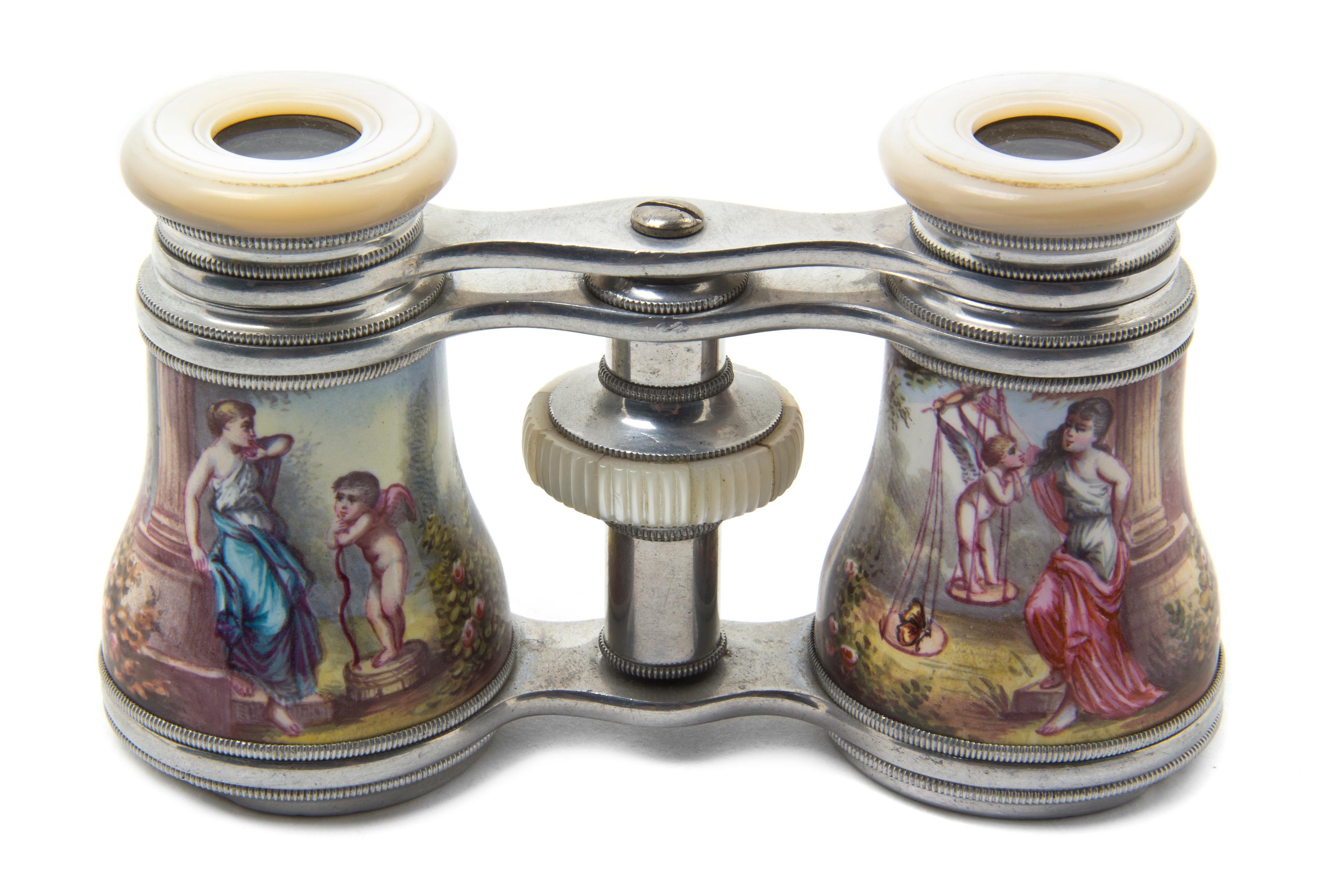 A Pair of French Enameled and Mother-of-Pearl Inset Opera Glasses, Width 3 7/8 inches.