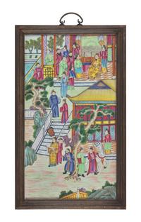 A Large Chinese Famille Rose Porcelain Plaque, 19th Century 清中晚期 粉彩人物圖瓷板