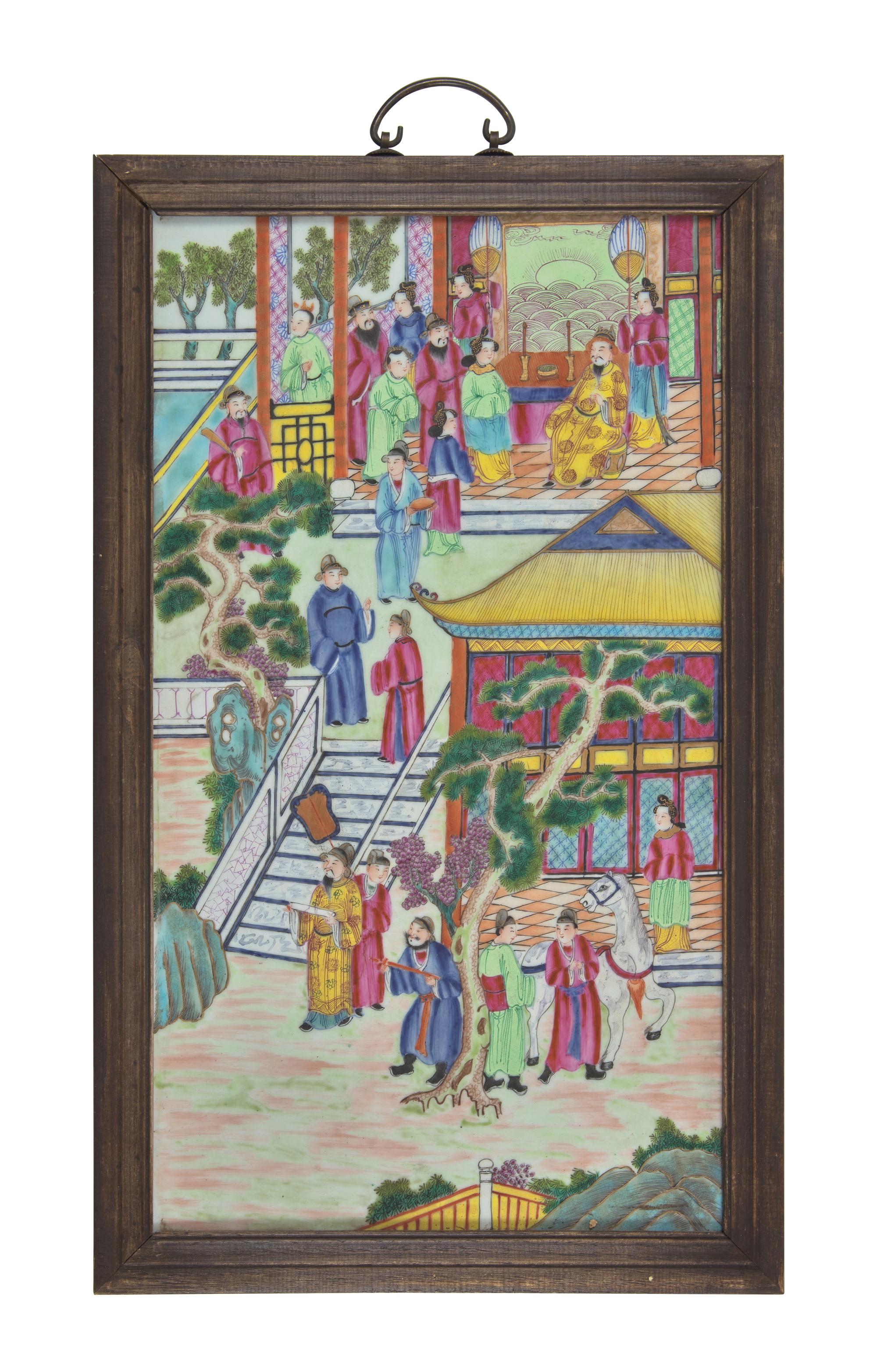 A Large Chinese Famille Rose Porcelain Plaque, 19th Century 清中晚期 粉彩人物圖瓷板