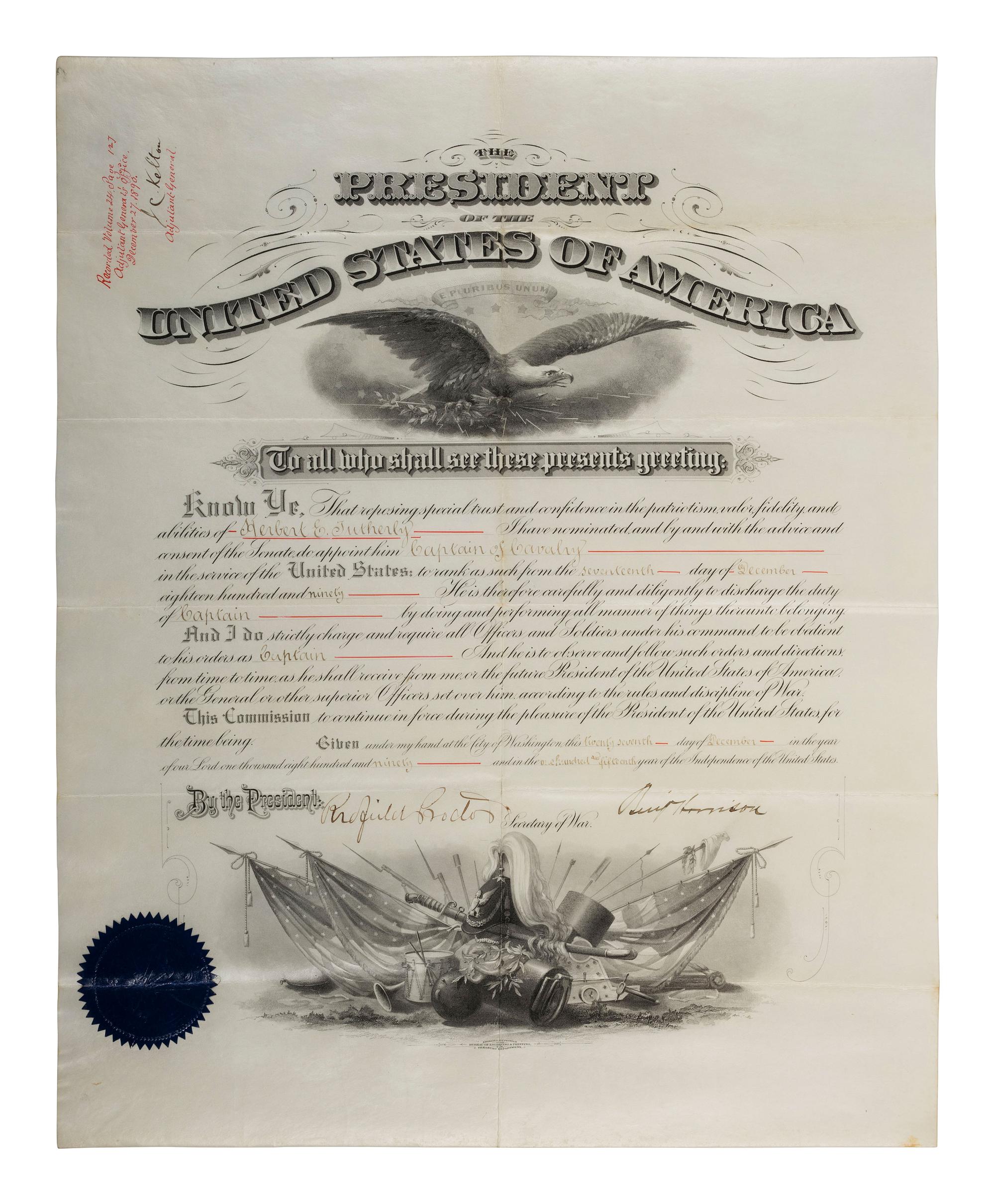[MILITARIA]. A group of 4 commissions for General Herbert Everett Tutherly, Commander of Squadron at the Battle of San Juan Hill, signed by Presidents GRANT, HAYES, HARRISON, and MCKINLEY.