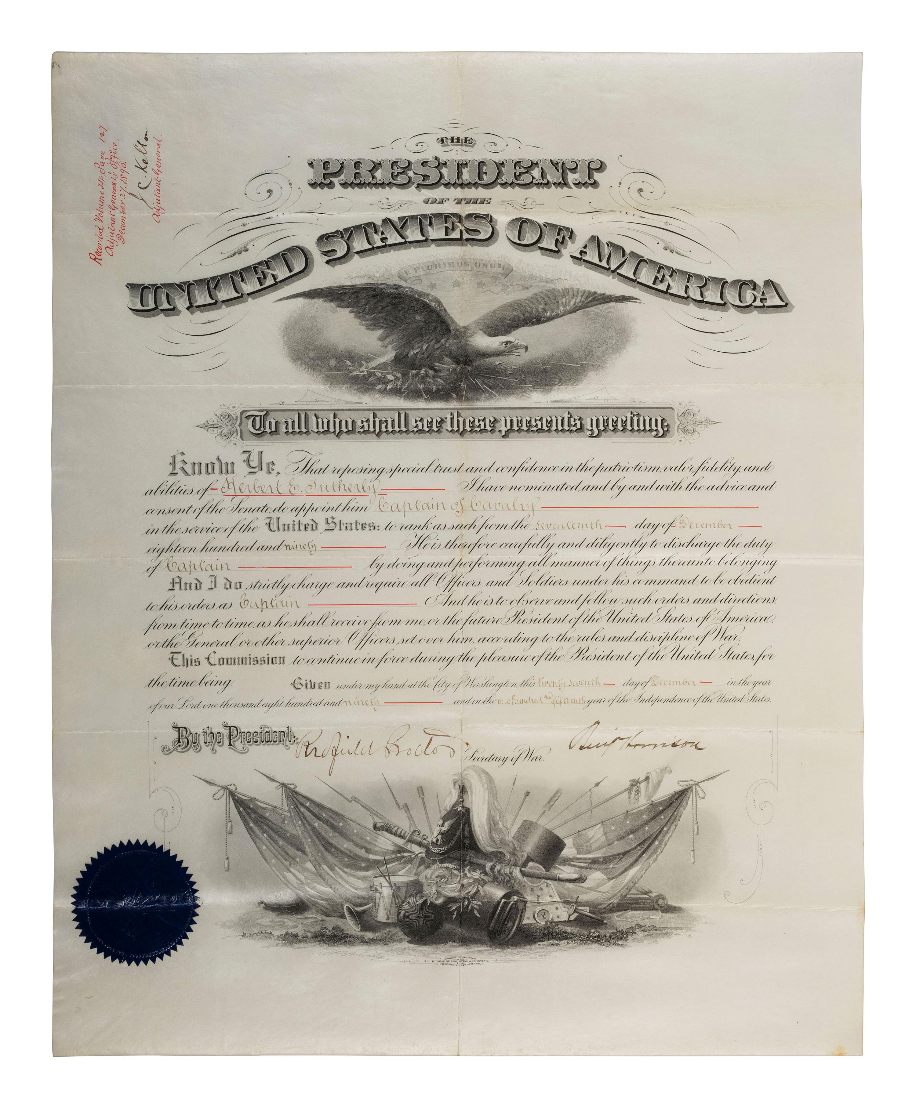 [MILITARIA]. A group of 4 commissions for General Herbert Everett Tutherly, Commander of Squadron at the Battle of San Juan Hill, signed by Presidents GRANT, HAYES, HARRISON, and MCKINLEY.