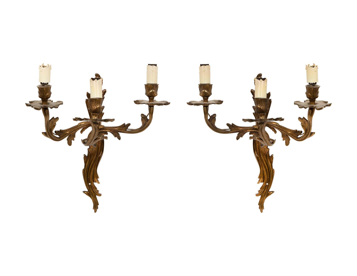 A Pair of Louis XV Style Gilt Bronze Three-Light Sconces