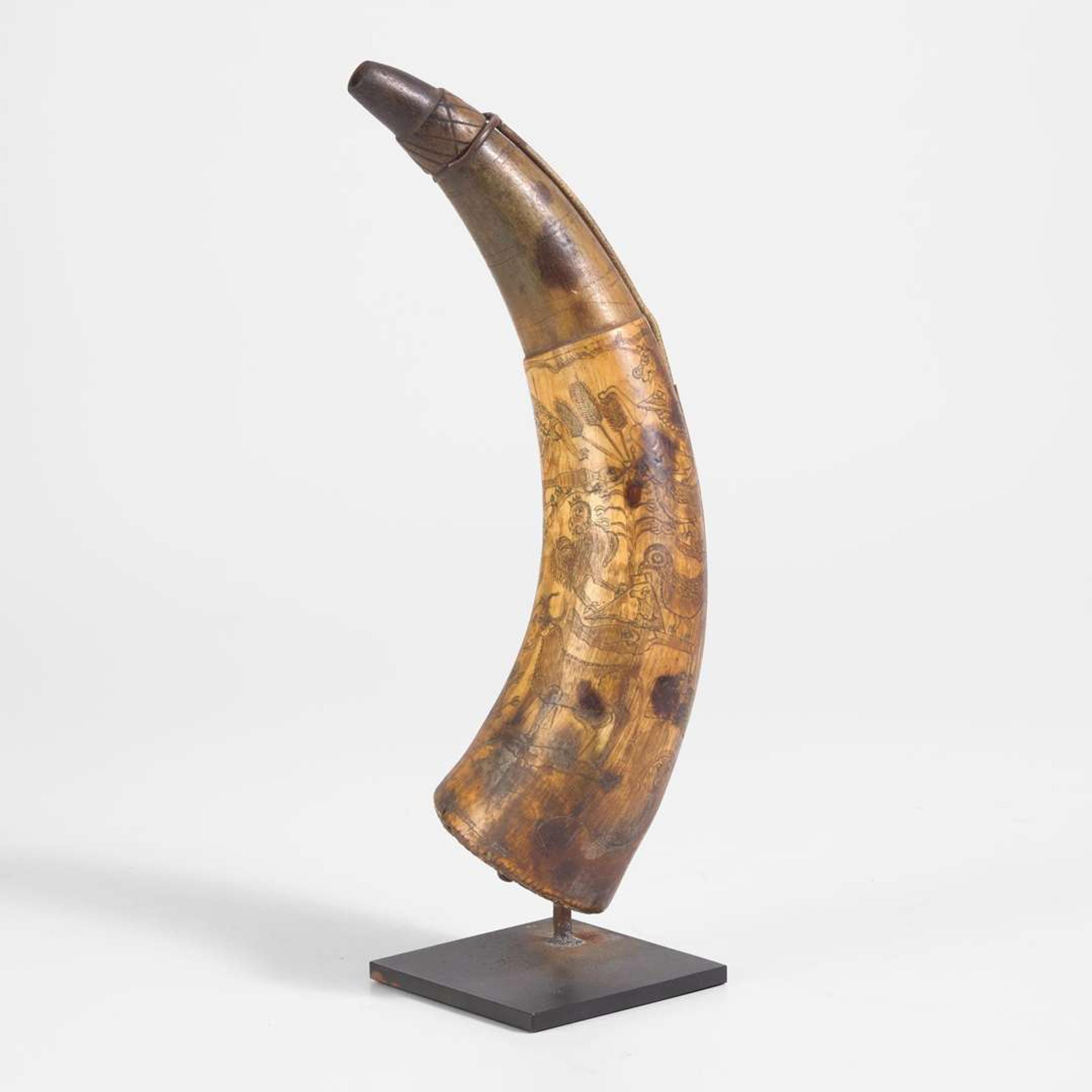 A carved and incised powder horn Pennsylvania, dated "1787"