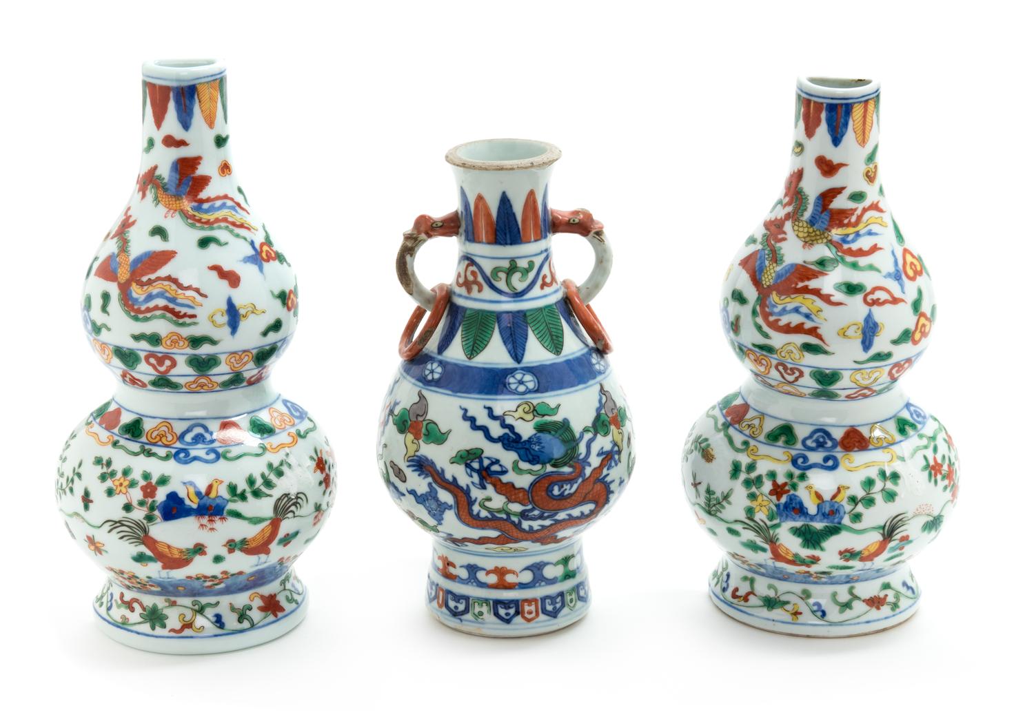 Three Chinese Wucai Porcelain Vases Height of tallest 9 1/2 inches. — 20TH CENTURY