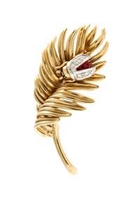 A 14 Karat Gold, Diamond and Enamel Ladybug and Leaf Motif Brooch, Dankner, 6.60 dwts.