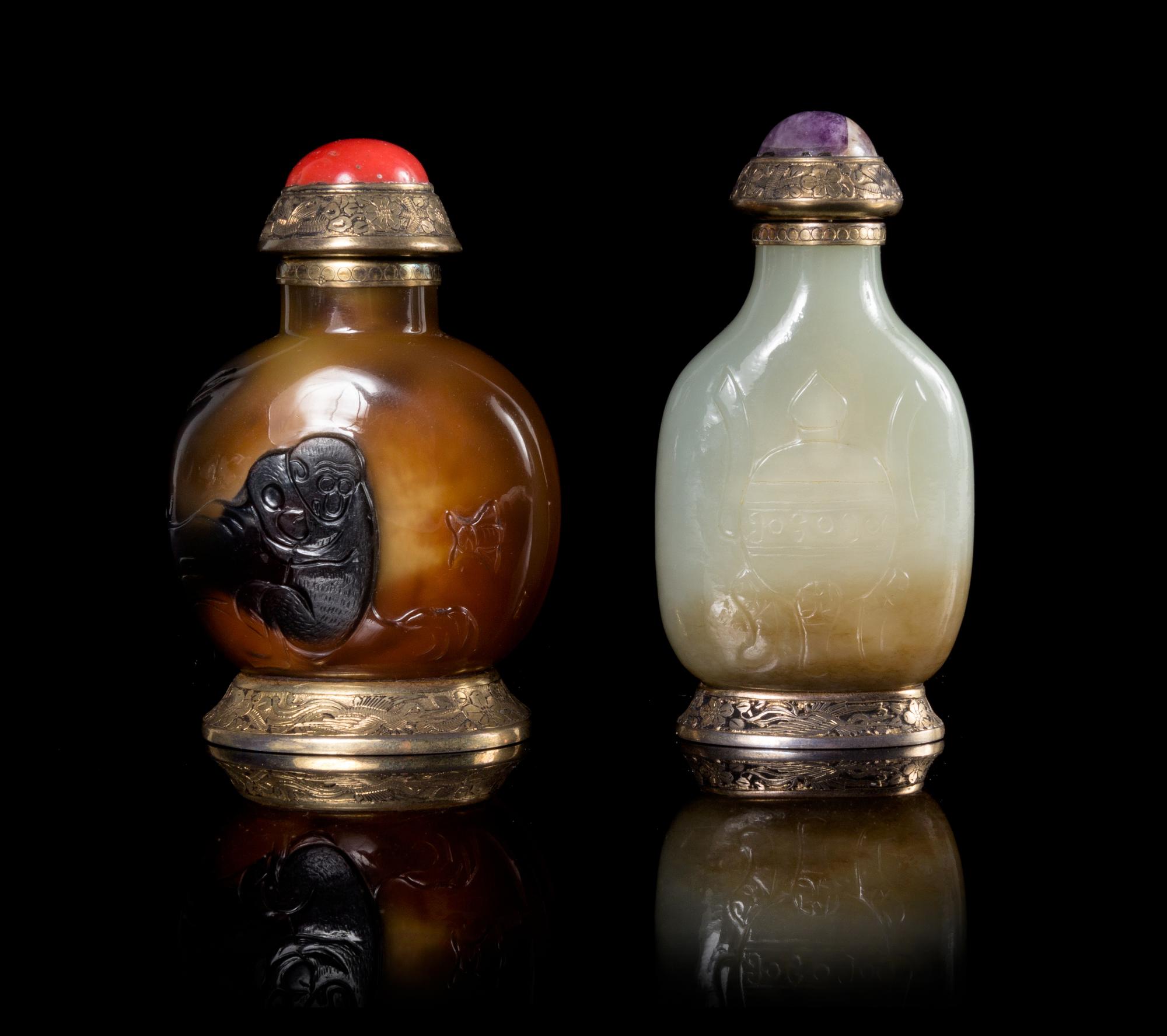 Two Hardstone Snuff Bottles Height of taller 3 1/2 inches.