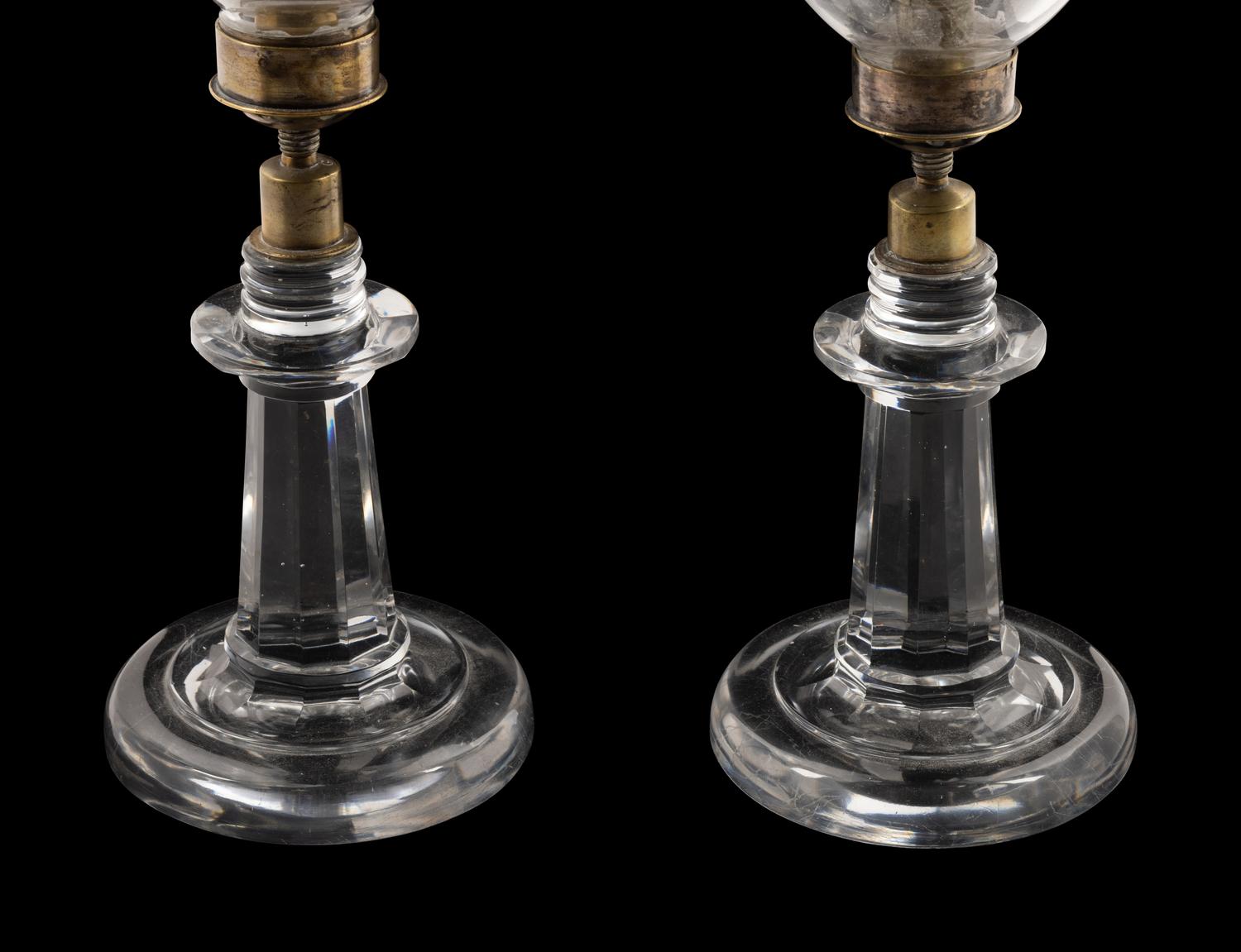 A Pair of English Etched Glass Hurricane Candlesticks