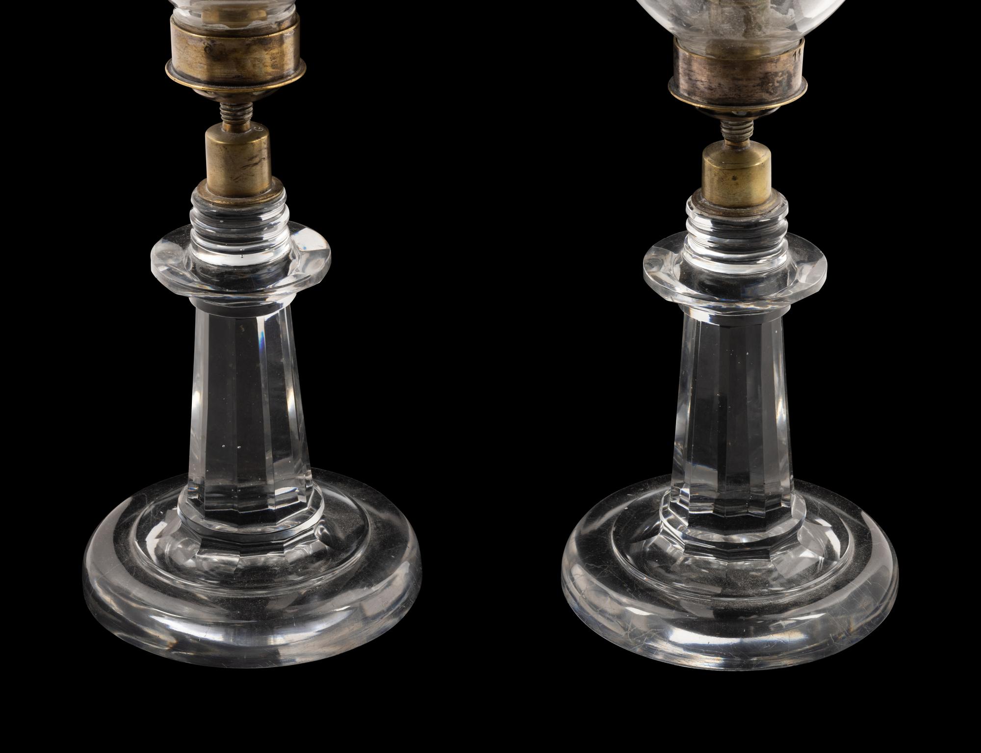 A Pair of English Etched Glass Hurricane Candlesticks