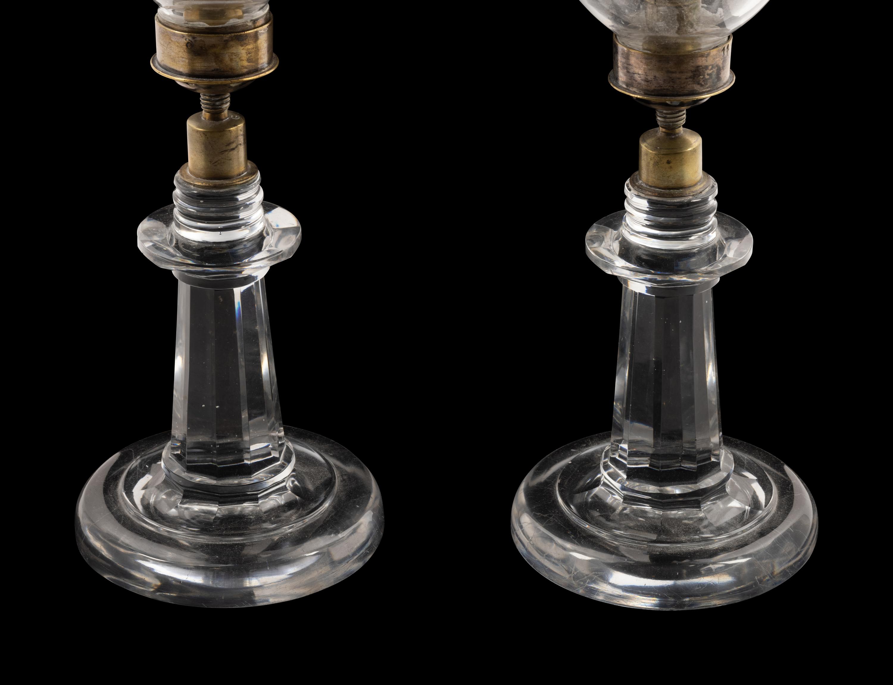 A Pair of English Etched Glass Hurricane Candlesticks