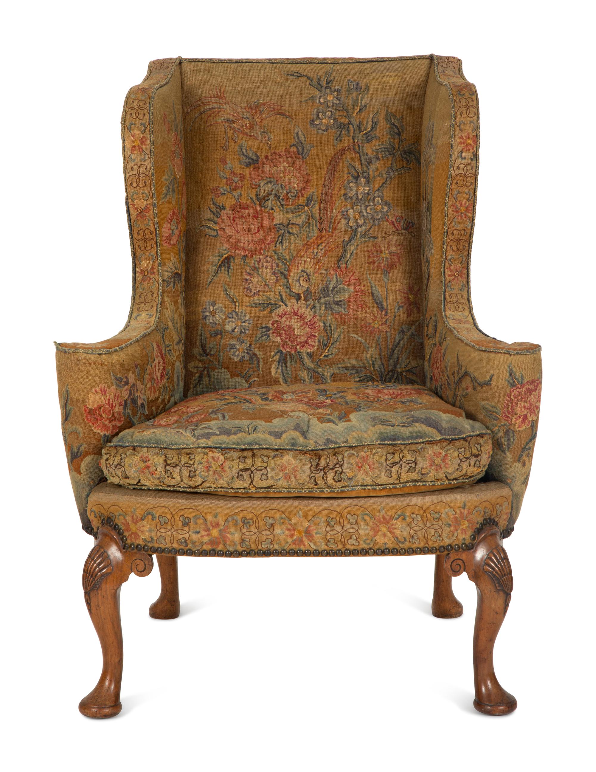 A George I Needlework Upholstered Walnut Wing Back Chair — 18th Century