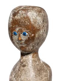 A Folk Art Carved, Painted and Glass Inset Wood Doll "Bed Post" Figure