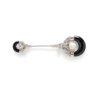 ONYX, DIAMOND AND BAROQUE CULTURED PEARL JABOT PIN