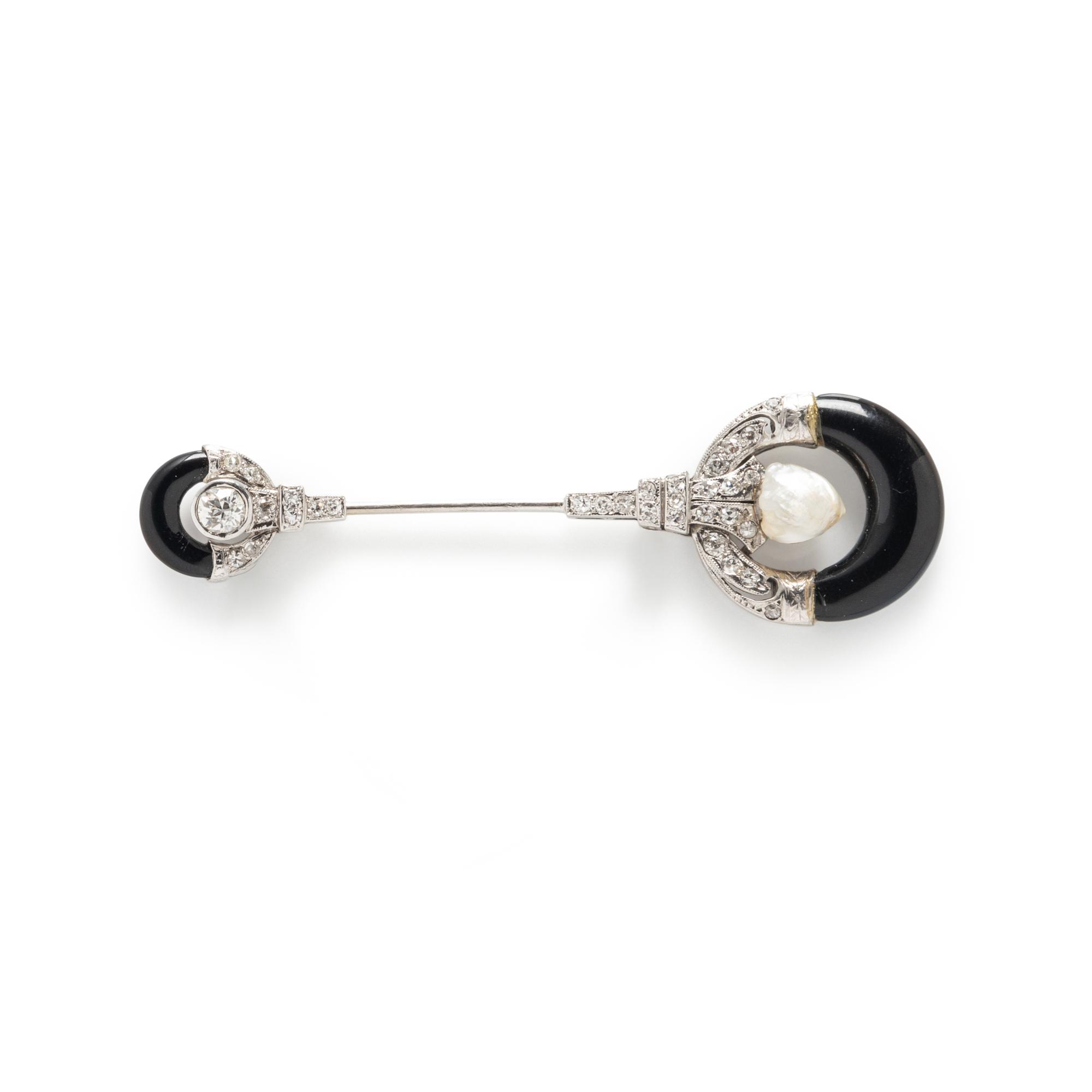 ONYX, DIAMOND AND BAROQUE CULTURED PEARL JABOT PIN