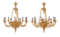 A Pair of Empire Style Gilt Bronze Nine-Light Chandeliers