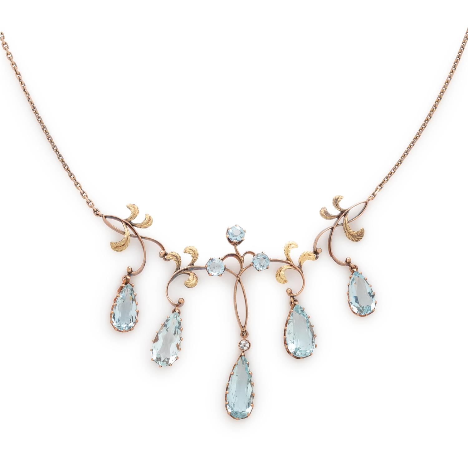 RUSSIAN, ART NOUVEAU, BICOLOR GOLD AND AQUAMARINE NECKLACE