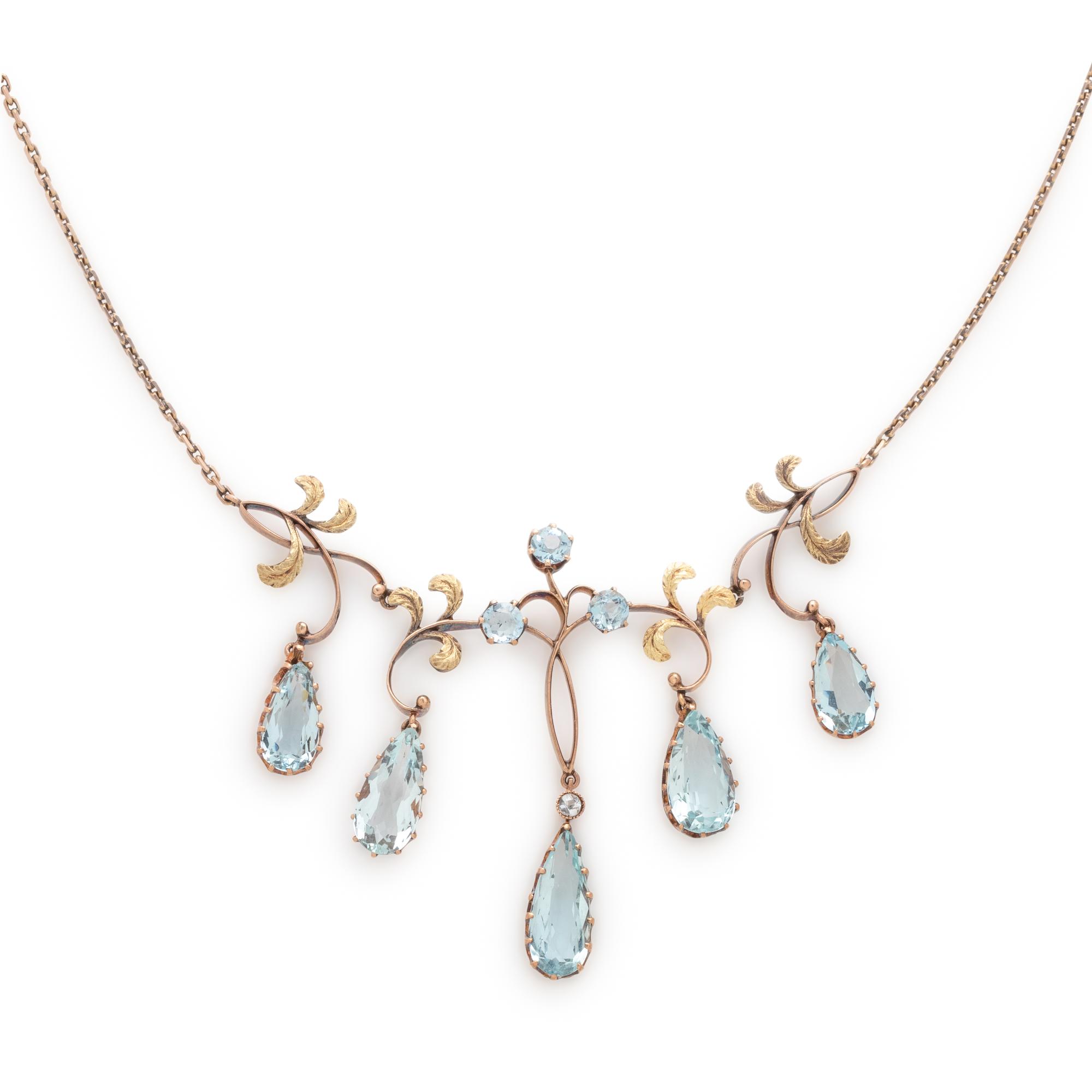 RUSSIAN, ART NOUVEAU, BICOLOR GOLD AND AQUAMARINE NECKLACE
