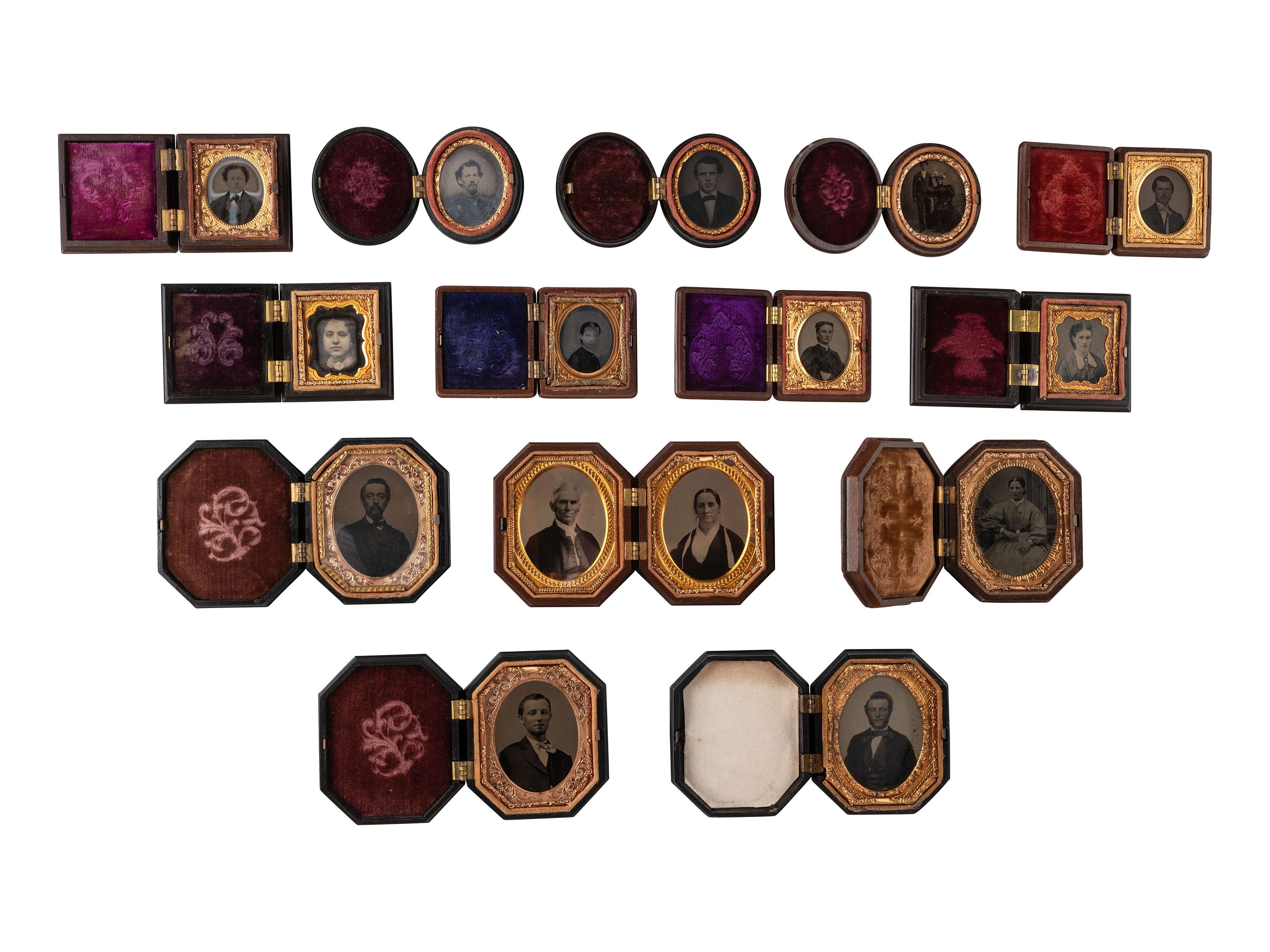 [EARLY PHOTOG.]. 23 oval & octagonal Union cases, incl. sixteenth, ninth, & sixth plate examples.