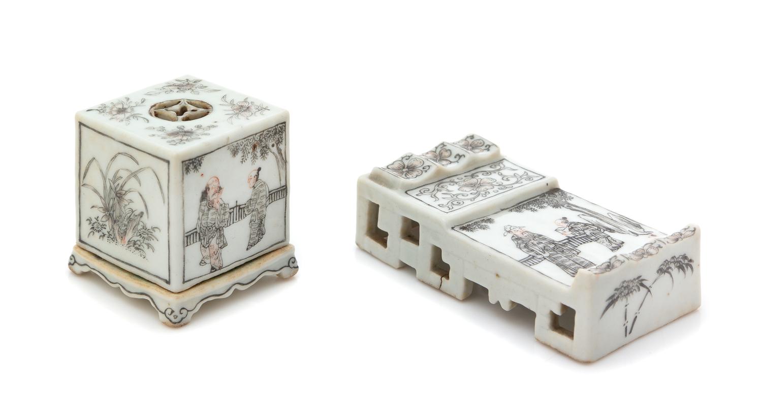 Two Grisaille Decorated Porcelain Scholar Objects Length of inkstick rest 3 3/8 inches. — DAOGUANG PERIOD (1820-1825)