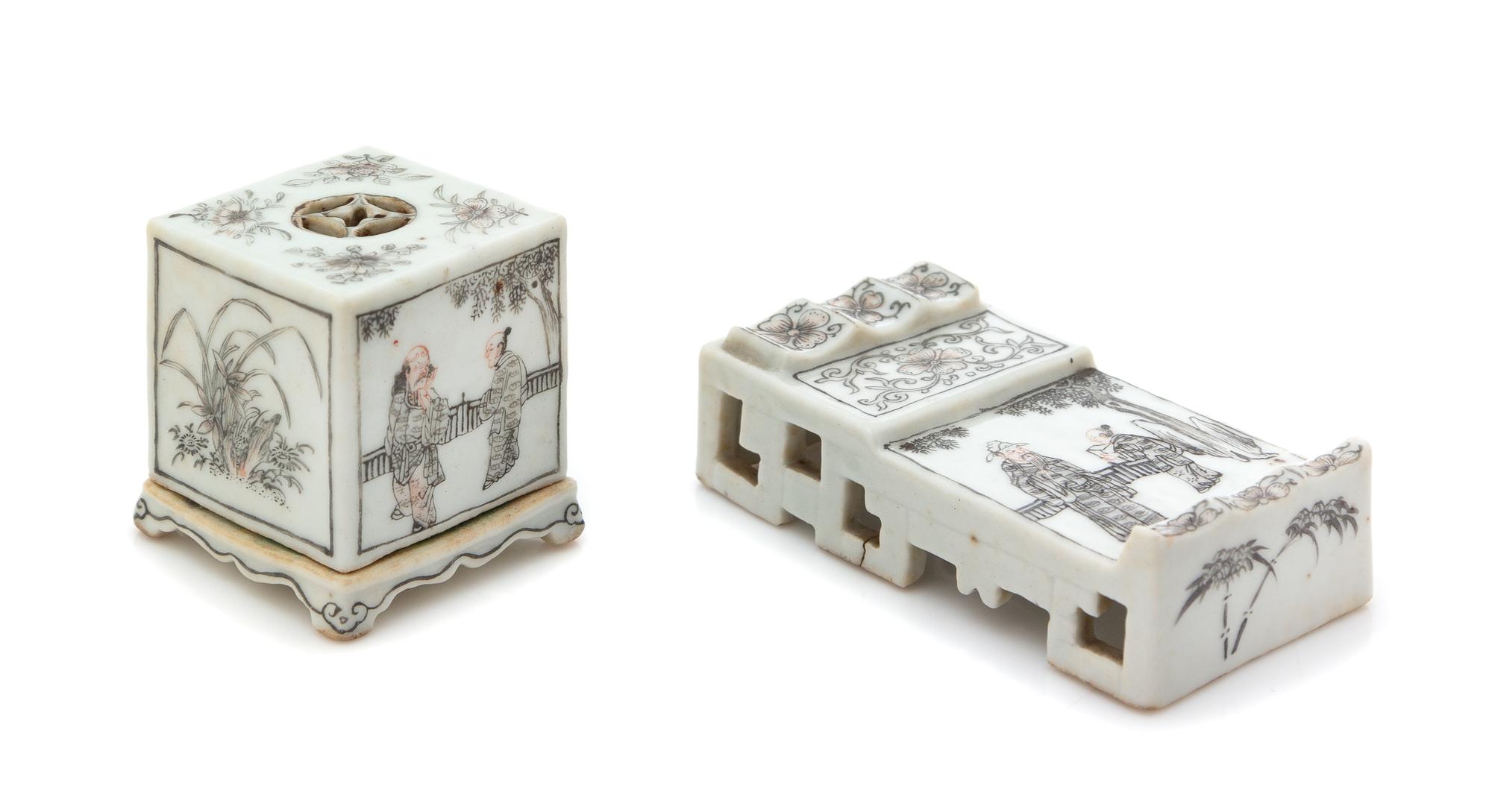 Two Grisaille Decorated Porcelain Scholar Objects Length of inkstick rest 3 3/8 inches. — DAOGUANG PERIOD (1820-1825)