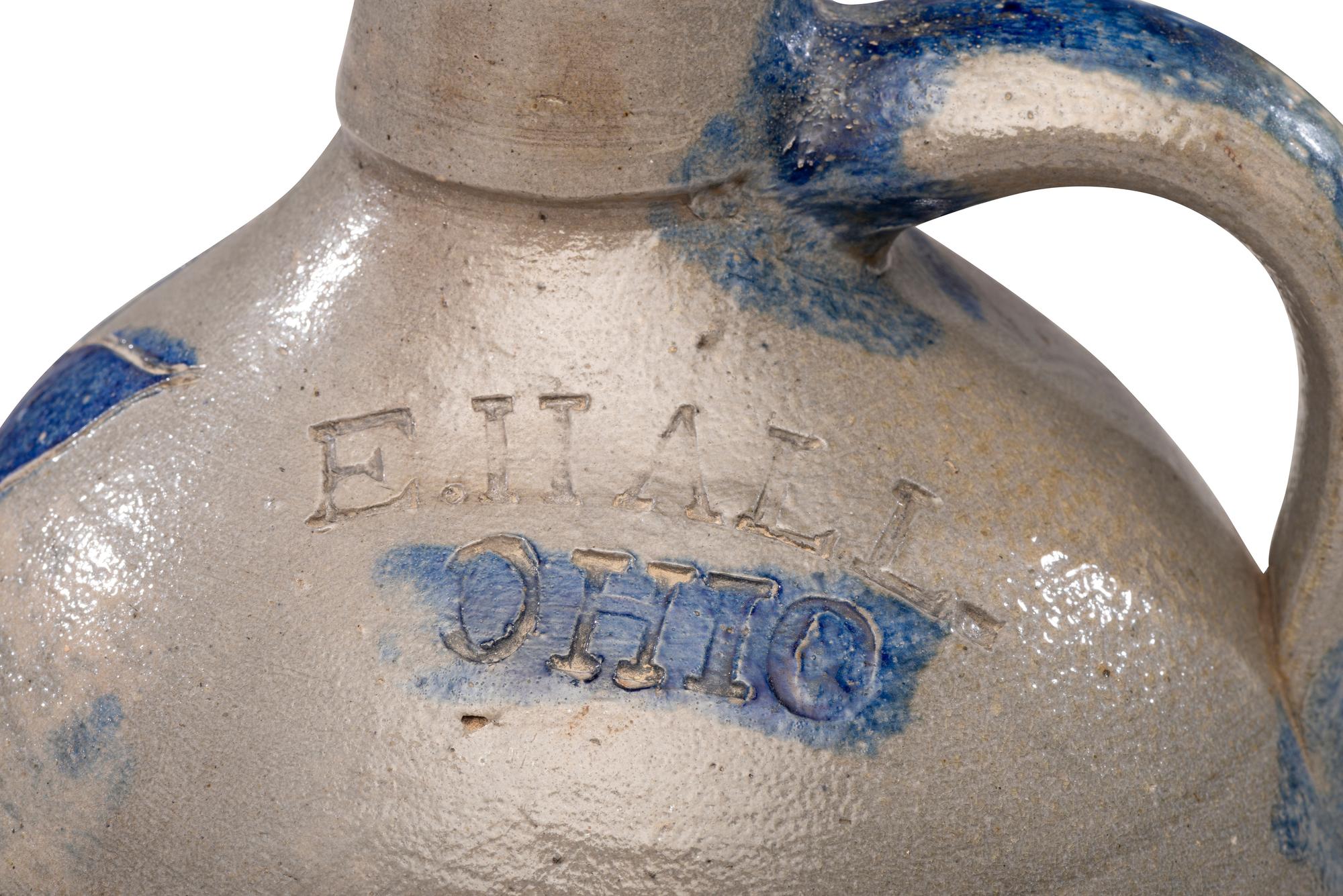 A Rare E. Hall 'Ohio' Cobalt Decorated Stoneware Jug