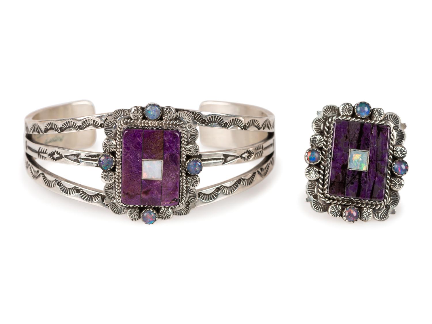 Matching Sterling Silver, Sugilite, and Opal Cuff Bracelet AND Ring