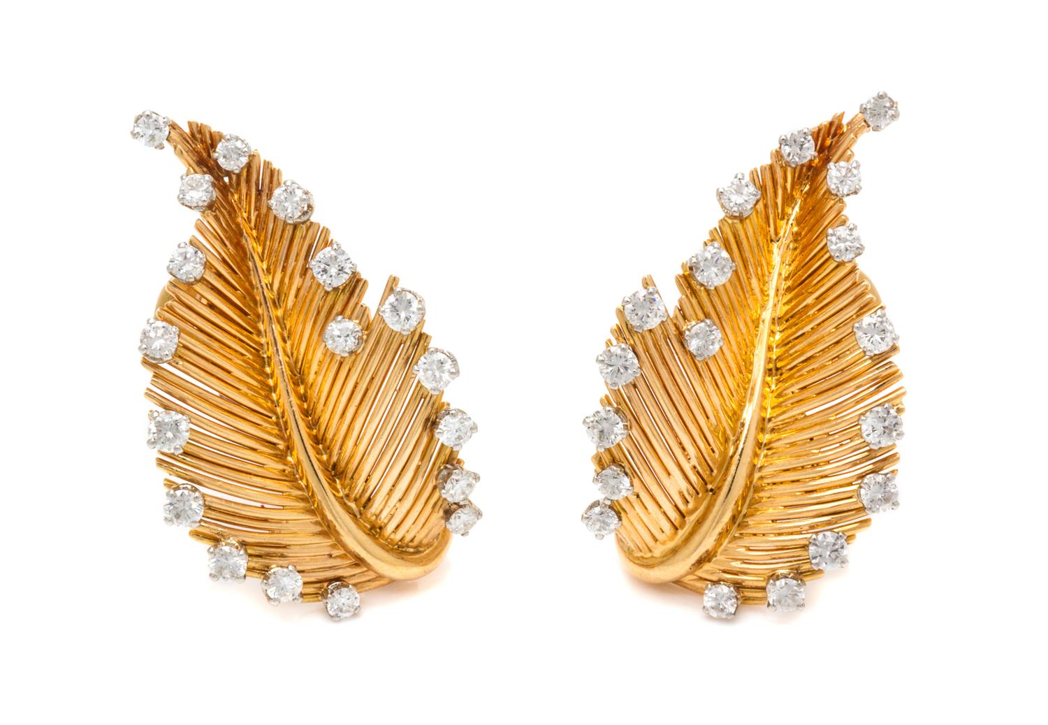 A Pair of 18 Karat Yellow Gold and Diamond Earclips, 8.60 dwts.