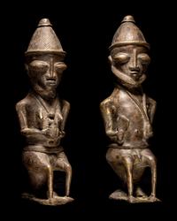 Two Ogboni Brass Male and Female Seated Figures