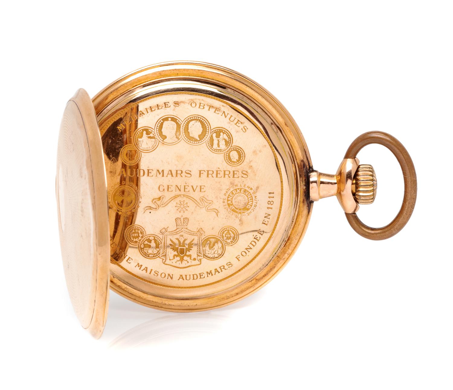A 14 Karat Rose Gold Open Face Pocket Watch, Audemars Freres,