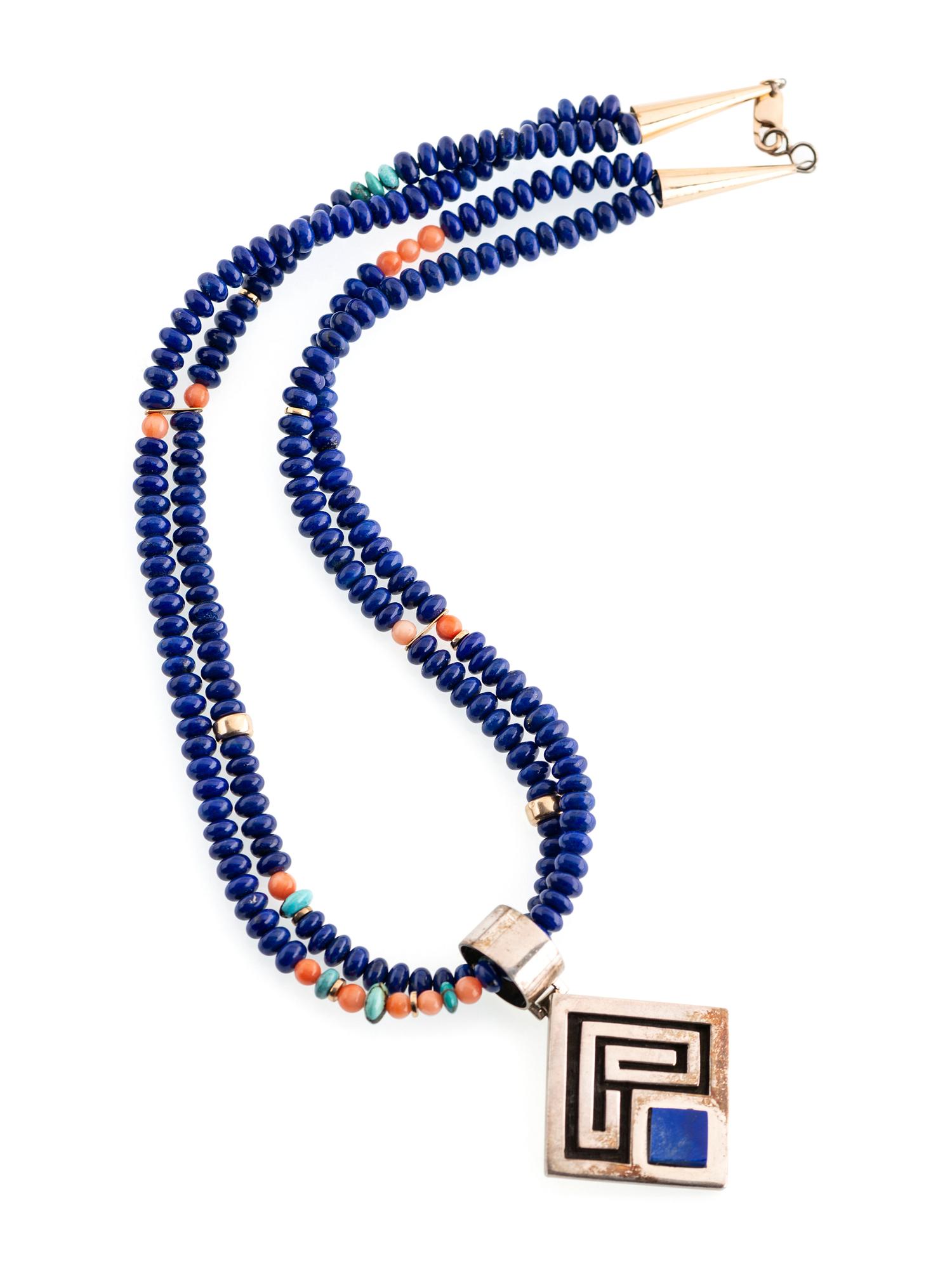Double-Strand Necklace, with Silver and Lapis Pendant
