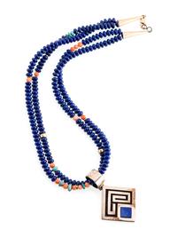Double-Strand Necklace, with Silver and Lapis Pendant