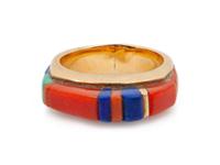 14k Gold Ring with Turquoise, Coral, and Lapis Inlay