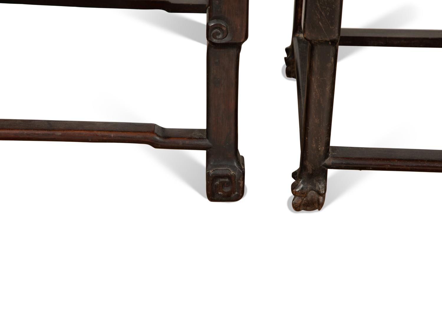 A Near Pair of Chinese Carved Hardstone-Mounted Hardwood Armchairs